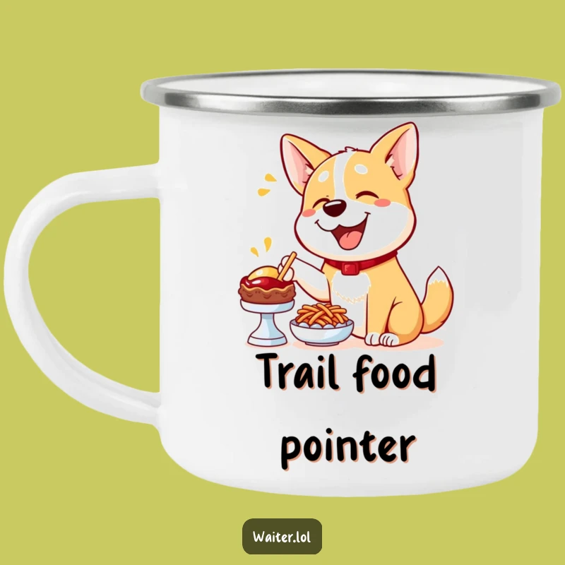 Funny Dog Menu Camping Mug: Happy Pup Pointing to Treats, Great Funny Gift