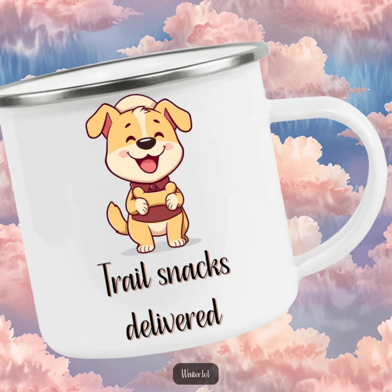 Funny Dog Waiter Camping Mug: Happy dog waiter wagging tail enthusiastically delivers a bone treat, ideal for outdoor use.