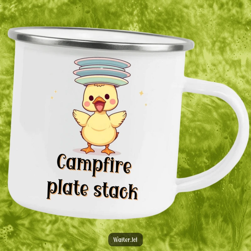 Funny duckling camping mug, gleefully balancing plates on its head, ideal for outdoor beverage enjoyment with a humorous twist.