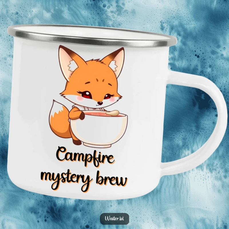 Funny fox chef camping mug with a curious cartoon fox in an apron peering into a steaming bowl with intrigue, durable and humorous for outdoors.