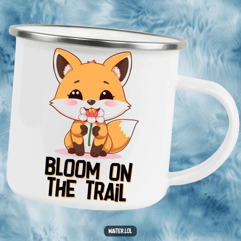 Funny camping mug with a happy fox with a beaming smile delivering a single perfect flower, for outdoor lovers.