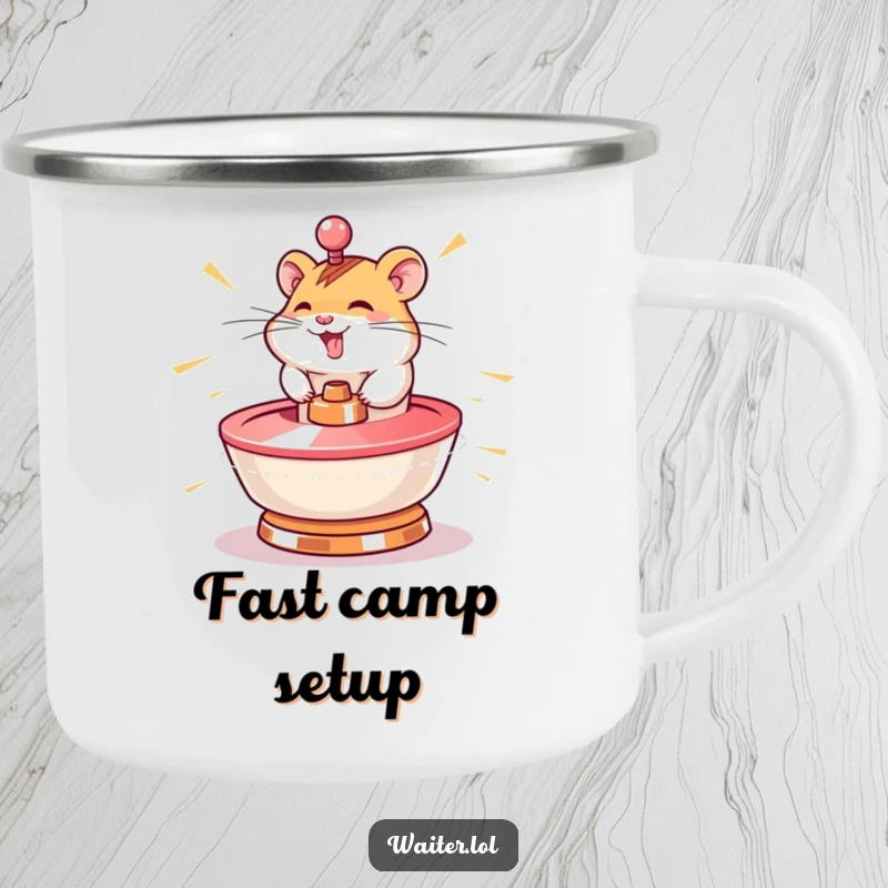 Funny hamster camping mug with a character spinning a lazy susan at lightning speed, perfect for outdoor speed and fun.