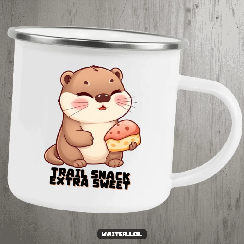 Funny Otter Pastry Camping Mug: A cute otter winks while presenting a pastry, ready for outdoor enjoyment.