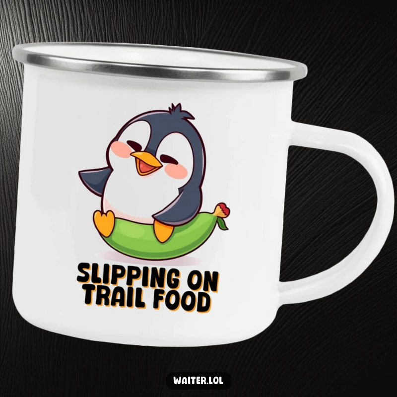 Funny penguin camping mug with a goofy penguin comically slipping on a pea, squawking with surprise outdoors.