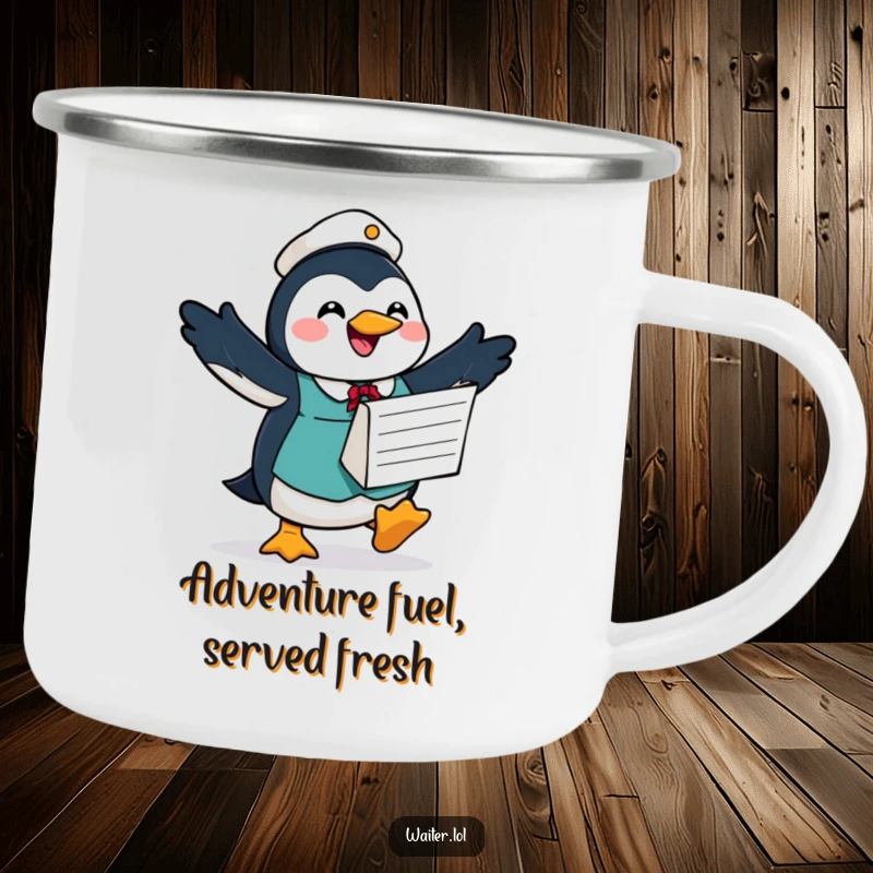 Funny camping mug featuring a joyful penguin waiter waddling with a large order form and a hopeful expression, ideal for outdoor drinks.