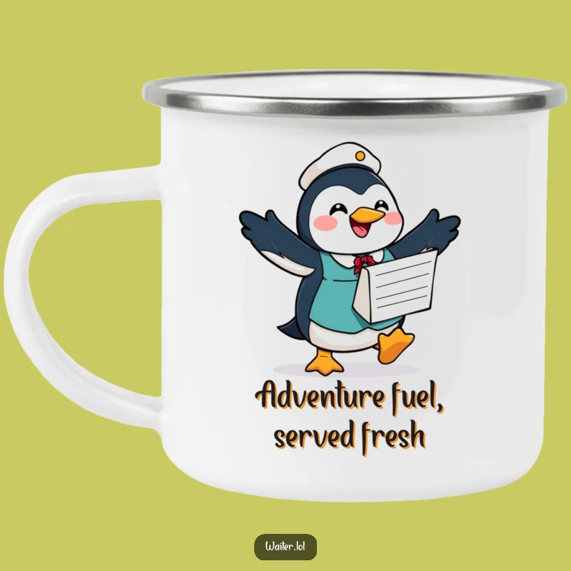 Funny Penguin Waiter Camping Mug: Joyful Outdoor Drinkware, Perfect Humorous Gift