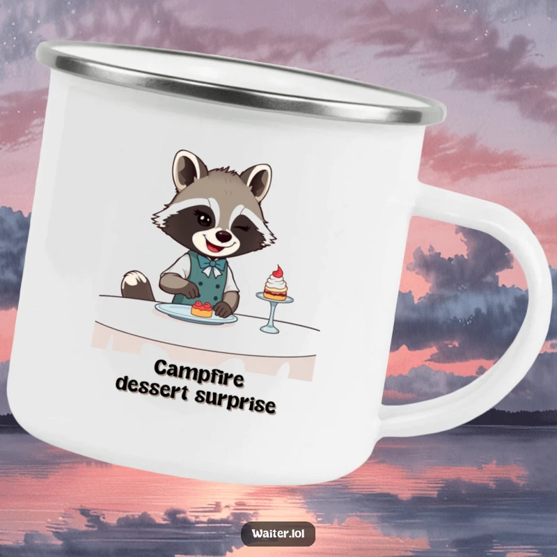 Funny Raccoon Waiter Camping Mug: Winking raccoon waiter slides a tiny dessert, ideal for outdoor beverage enjoyment.