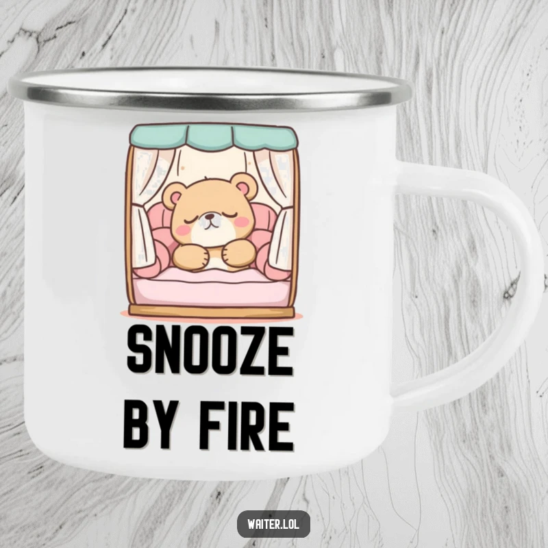 Funny camping mug: A sleepy bear character peacefully snoozing in a comfortable booth, ready for outdoor rest and relaxation.