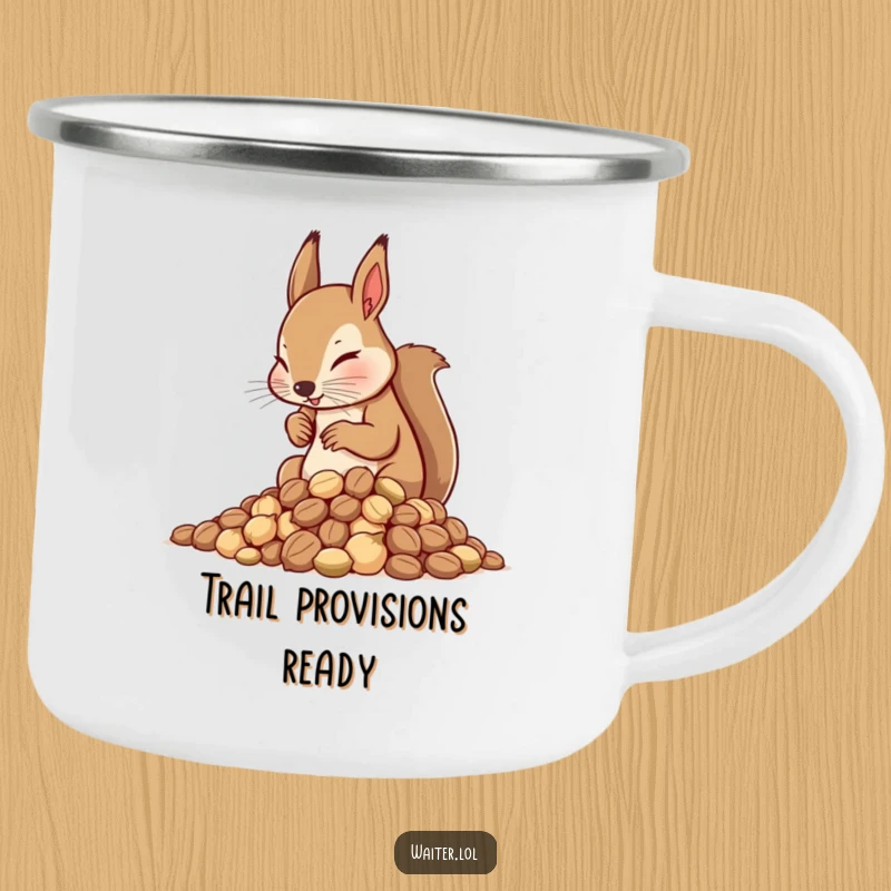 Funny Squirrel Waiter Camping Mug: Determined squirrel waiter arranging nuts, ideal for outdoor beverage enjoyment.