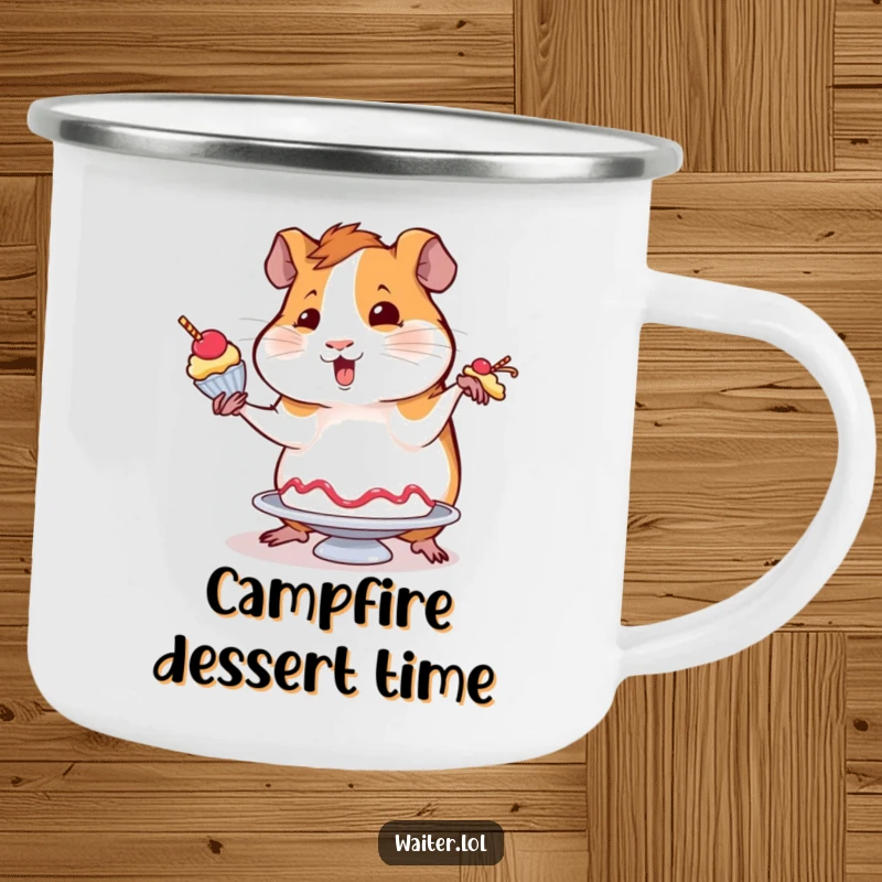 Funny camping mug with a wobbly guinea pig attempting to balance a dessert with flair, perfect for outdoor adventures and humor.