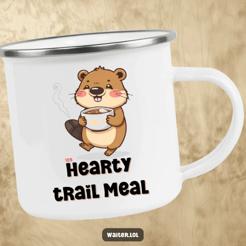 Funny beaver camping mug with a character carefully carrying a steaming bowl, perfect for outdoor dedication and warmth.