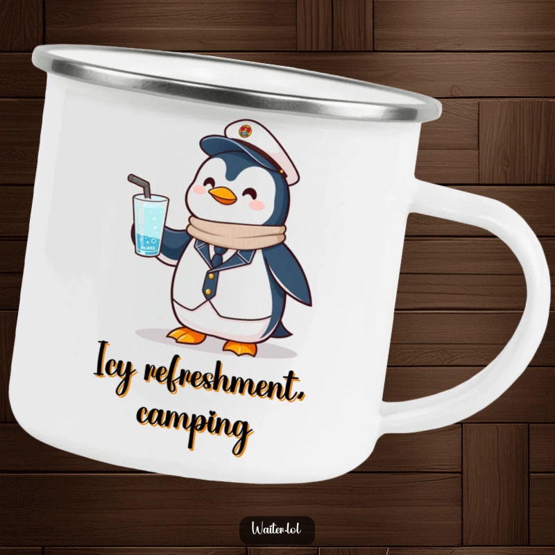 Funny Penguin Bartender Camping Mug: A proud penguin offers a frosty drink, ready for outdoor enjoyment.