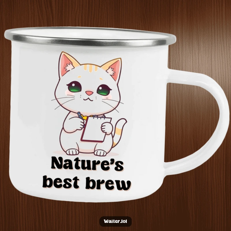 Funny Cat Barista Camping Mug: A focused cat barista holding a notepad and pen, ready to take your order, perfect for outdoor adventures.