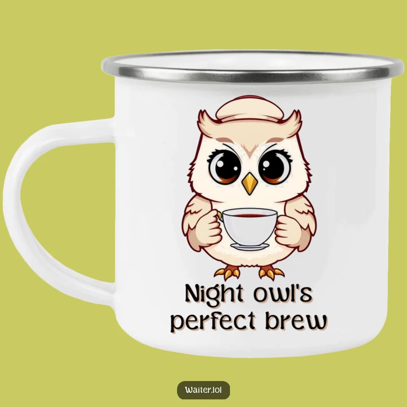 Funny Owl Waiter Camping Mug: Cheerful Bird Adventure Fuel, Ideal Humorous Gift for Outdoors