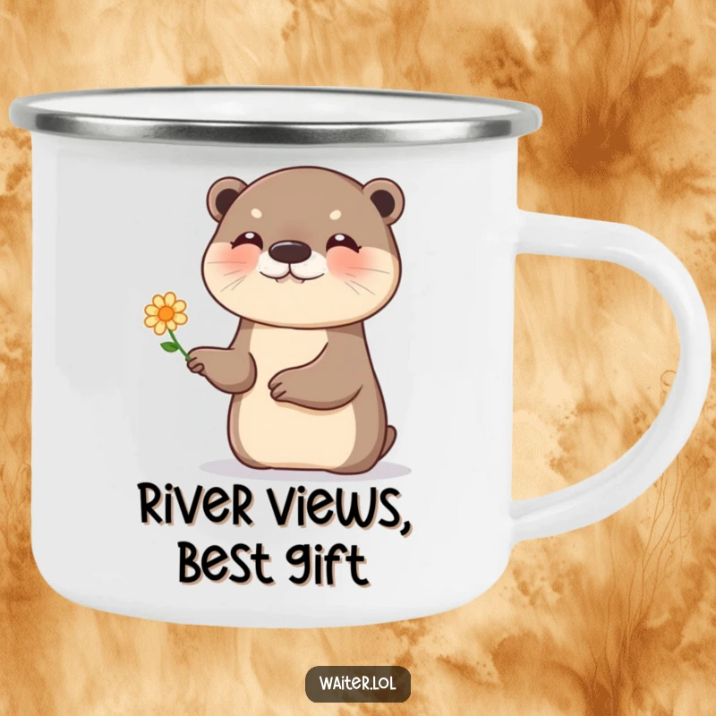 Funny otter flower camping mug, a giggling otter presenting a single, tiny flower with a flourish, durable for outdoor use.