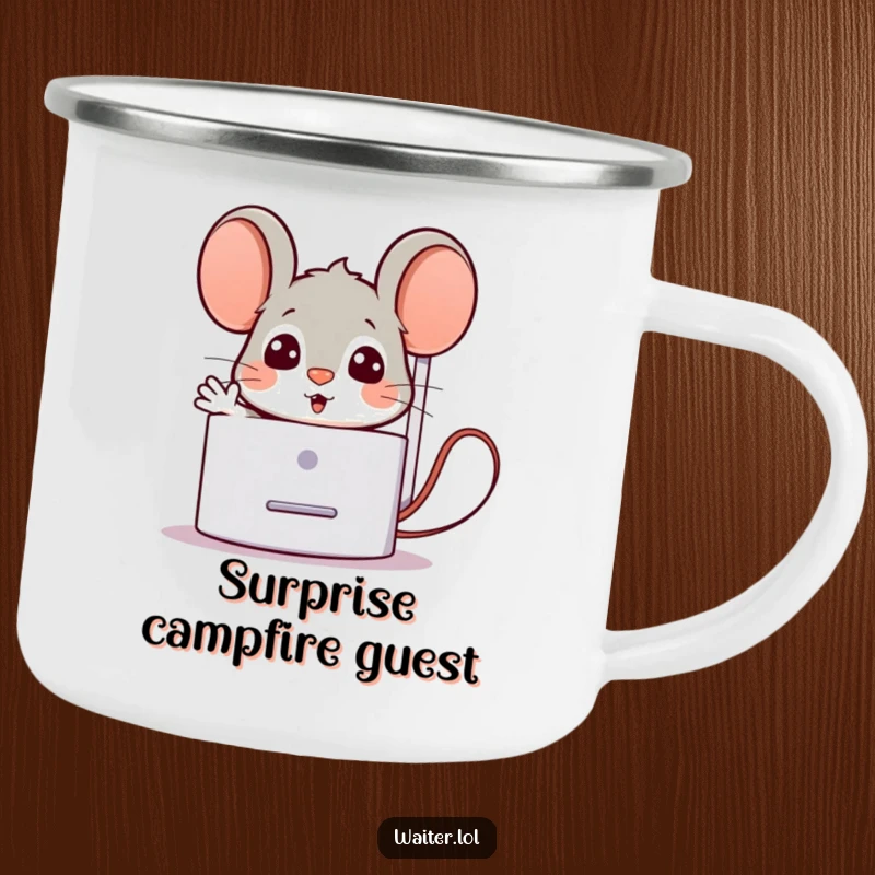 Funny Camping Mug featuring a surprised mouse popping out from behind a napkin dispenser with a welcoming gesture, perfect for outdoor drinks.