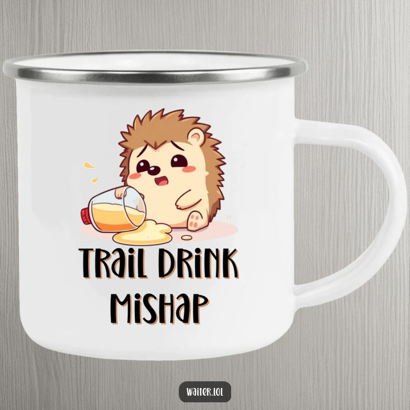 Funny Camping Mug with a startled hedgehog spilling a drink, ideal for outdoor adventures and humorous campfire stories.