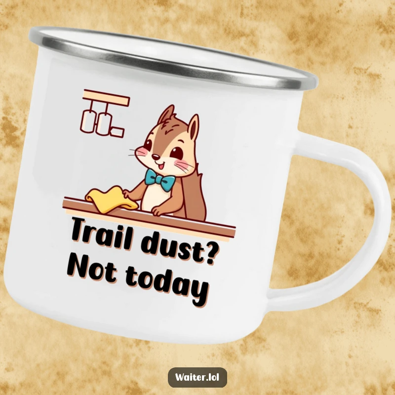 Funny Squirrel Cleaner Camping Mug: A squirrel with a bowtie politely wipes a counter, ready for outdoor adventures.