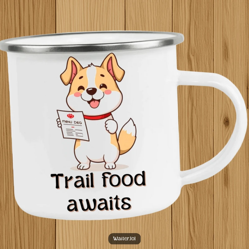 Funny enamel camping mug featuring a cute dog character enthusiastically presenting a menu with a wagging tail outdoors.