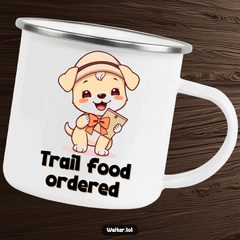 Funny camping mug featuring a giggling puppy wearing a hat and bow, proudly carrying a menu, perfect for enjoying brews with playful charm.