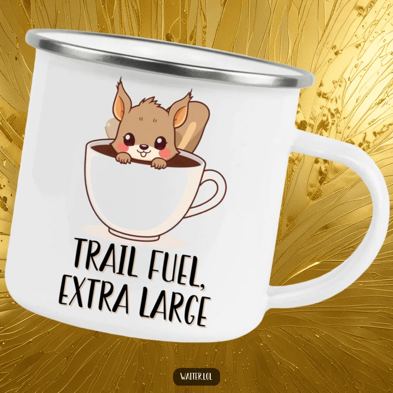Funny Squirrel Camping Mug: A curious squirrel peeks from behind a giant coffee cup, a humorous and rugged mug for adventurers.