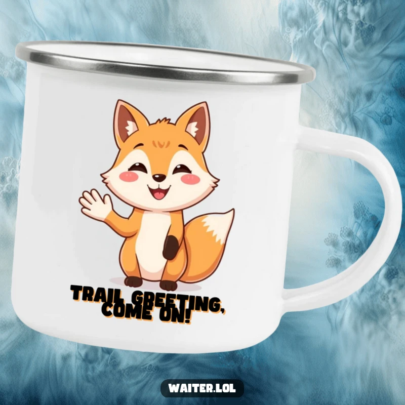 Funny Fox Welcome Camping Mug: A smiling fox offers a friendly greeting, ready for outdoor coffee or tea.