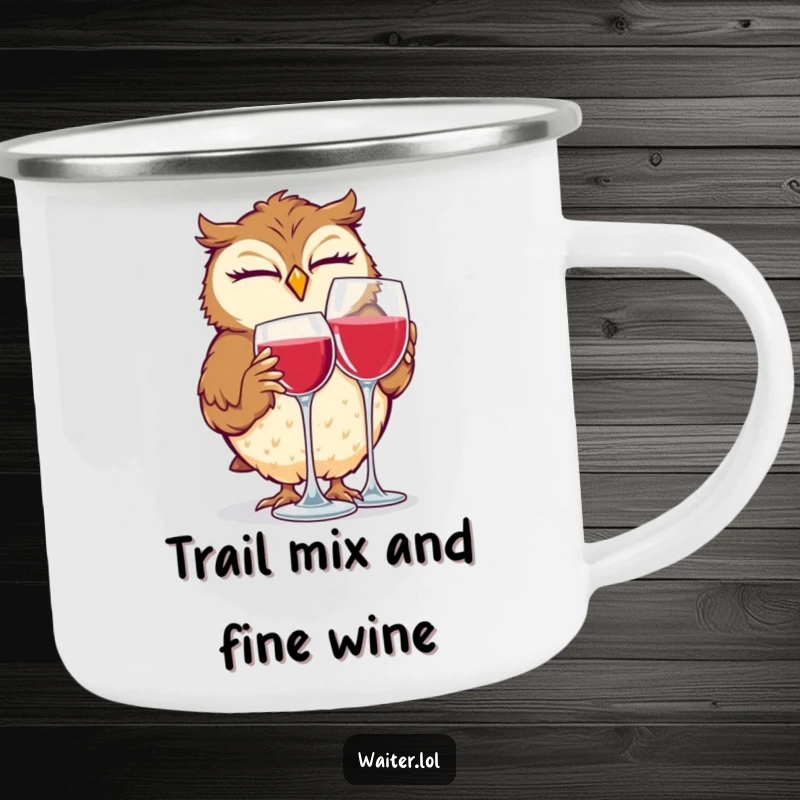 Funny and durable camping mug featuring a giggling owl winking while polishing a wine glass, perfect for outdoor humor.