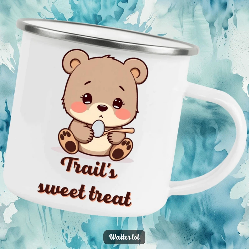 Funny camping mug featuring a shy bear cub shyly offering a tiny spoon with a hopeful expression, perfect for enjoying brews with sweet charm.