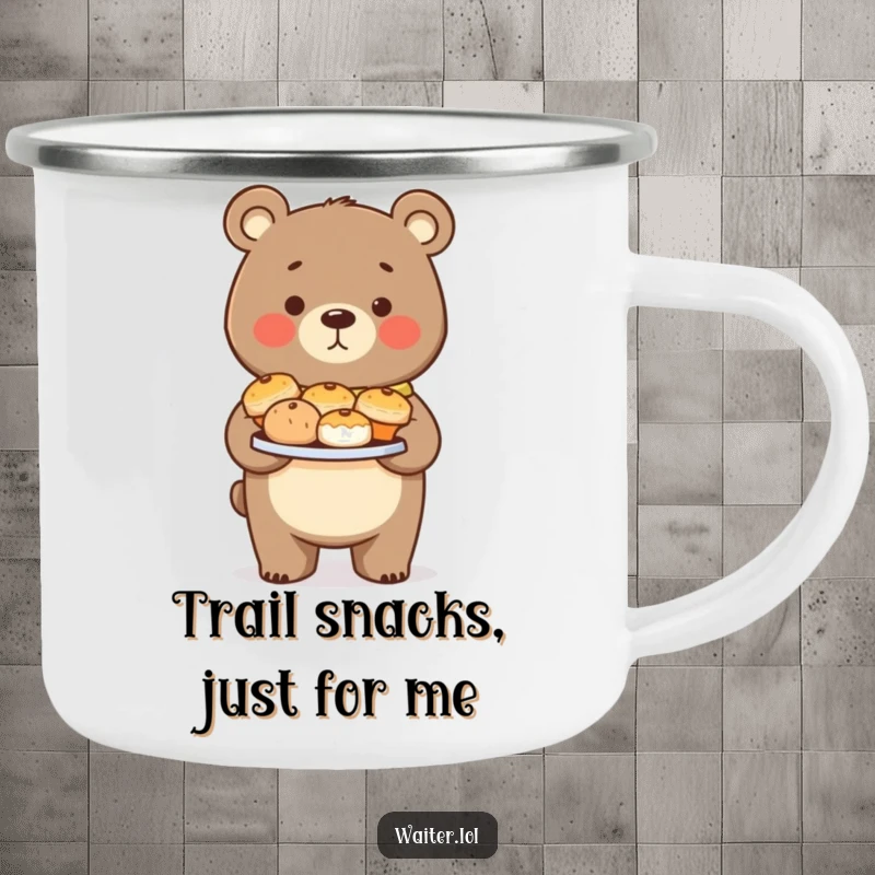 Funny Bear Pastry Camping Mug: A proud bear carefully carries pastries, ready for outdoor enjoyment.