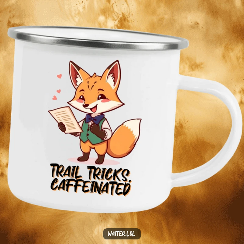 Funny fox waiter camping mug showing a playful fox offering a menu with a flourish and a mischievous twinkle, for outdoor fun.