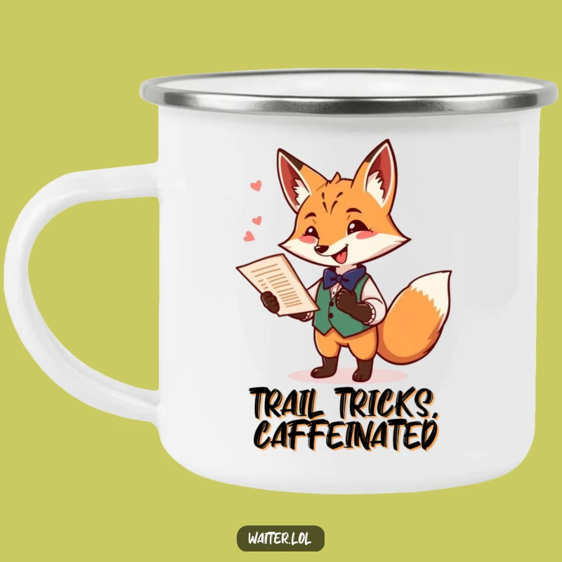 Funny Fox Waiter Camping Mug: Playful Fox Adventure Fuel, Ideal Humorous Gift for Outdoors