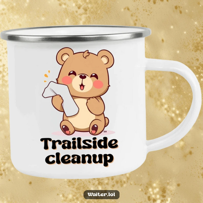 Funny bear camping mug with a character enthusiastically offering a napkin with a flourish, perfect for outdoor hospitality and joy.