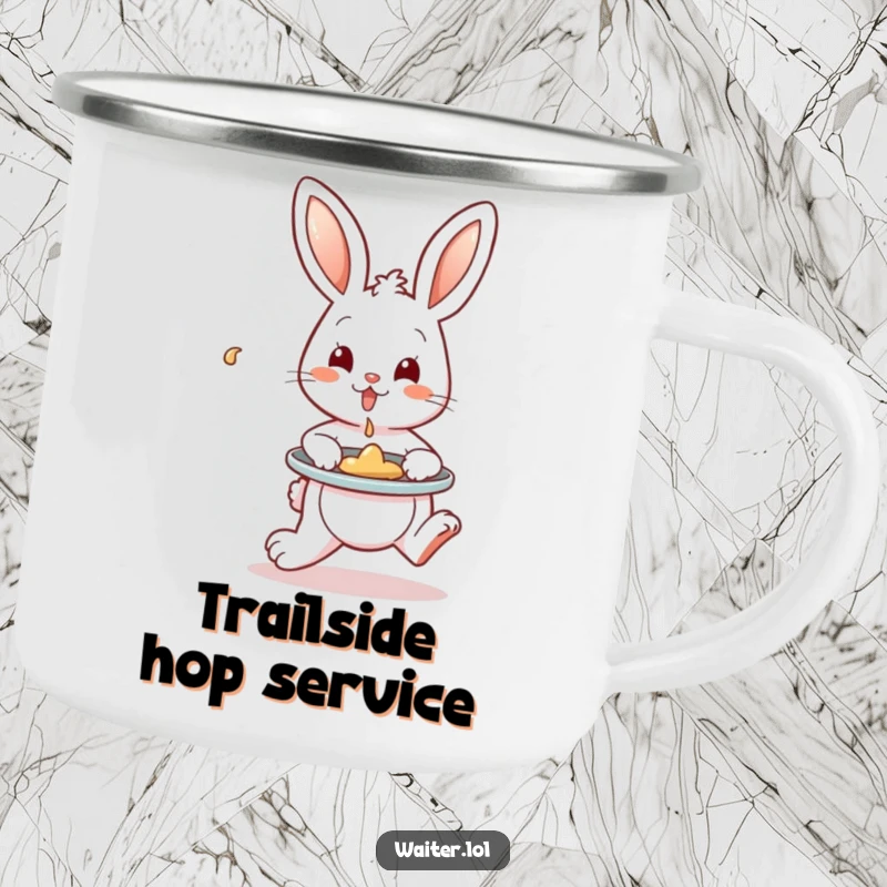 Funny Camping Mug featuring a playful bunny hopping with a tray, artfully containing a spill, perfect for enjoying drinks outdoors with humor.