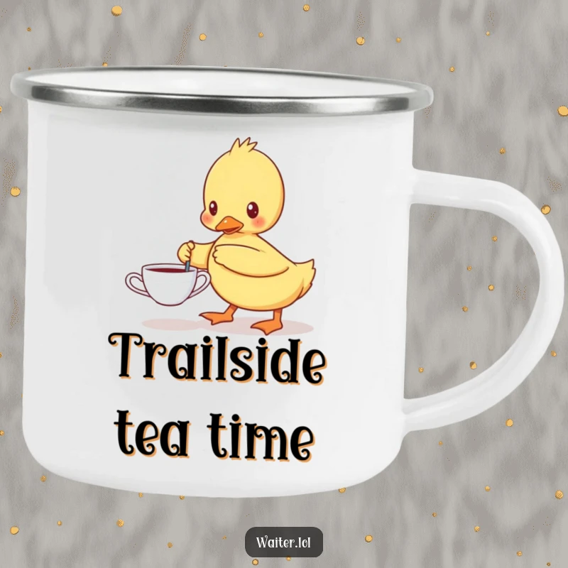 Funny camping mug with a determined duckling carefully carrying a single teacup, perfect for outdoor adventures and humor.