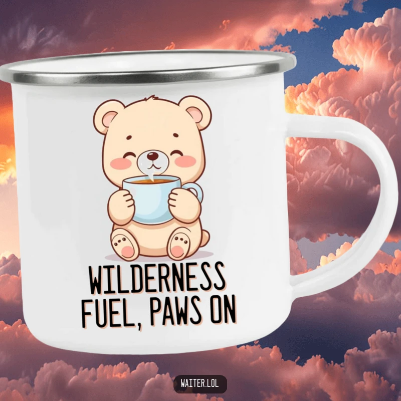 Funny bear cub camping mug showing a sweet cub carefully holding a steaming coffee cup, ready for adventures.