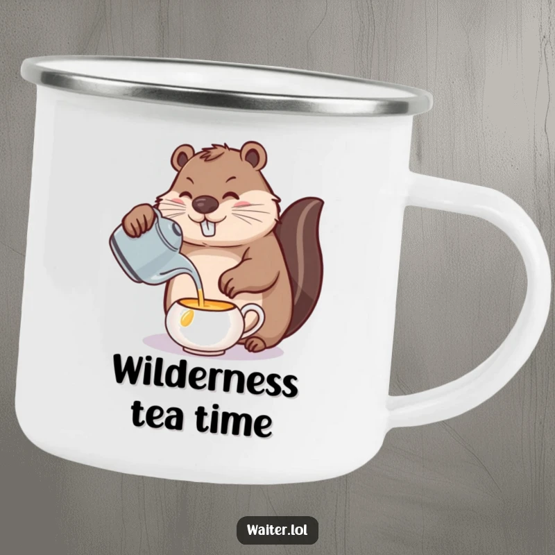 Funny beaver camping mug, a determined beaver carefully pouring from a teapot, a durable and funny companion for outdoor adventures.