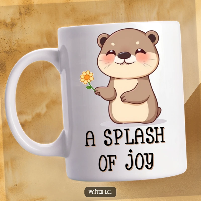 Funny otter flower mug, a giggling otter presenting a single, tiny flower with a flourish, conveying happiness.