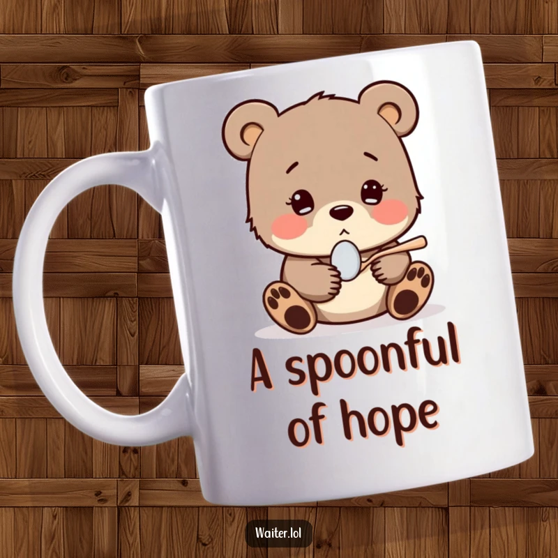 Funny mug showing a shy bear cub shyly offering a tiny spoon with a hopeful expression, embodying gentle sweetness and endearing shyness.