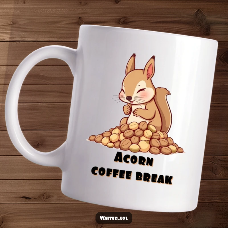 Funny Squirrel Waiter Mug: Determined squirrel waiter carefully arranges a pile of nuts with intense focus, perfect for coffee lovers.