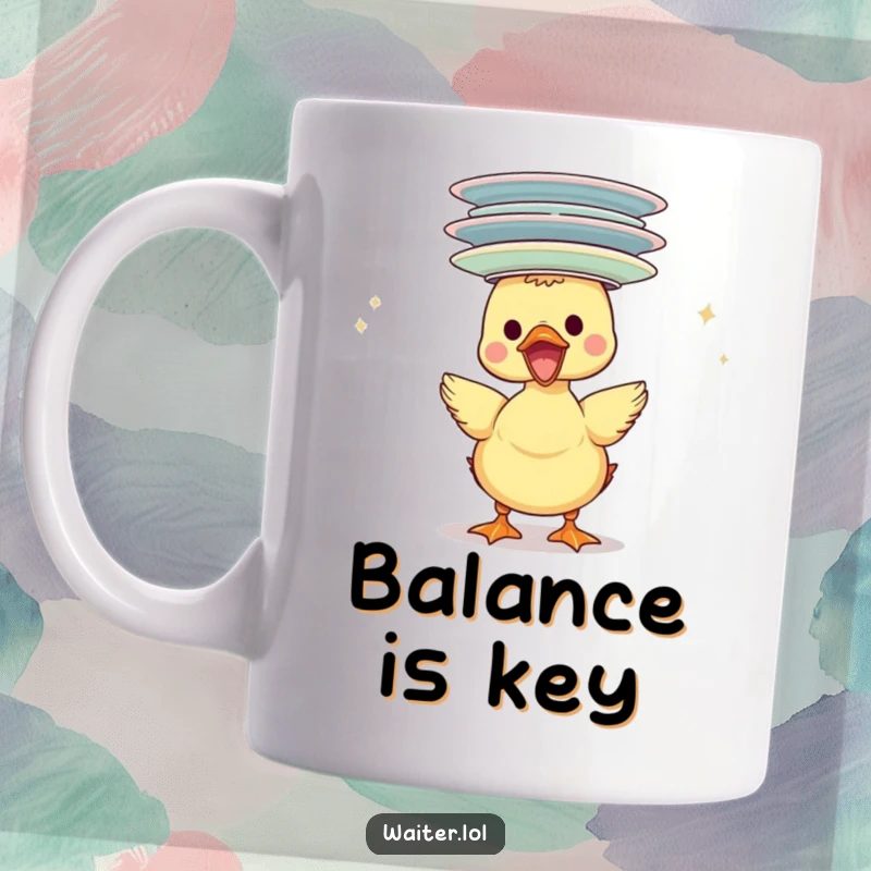 Funny duckling mug, gleefully balancing a wobbly stack of colorful plates on its head, showcasing playful clumsiness.