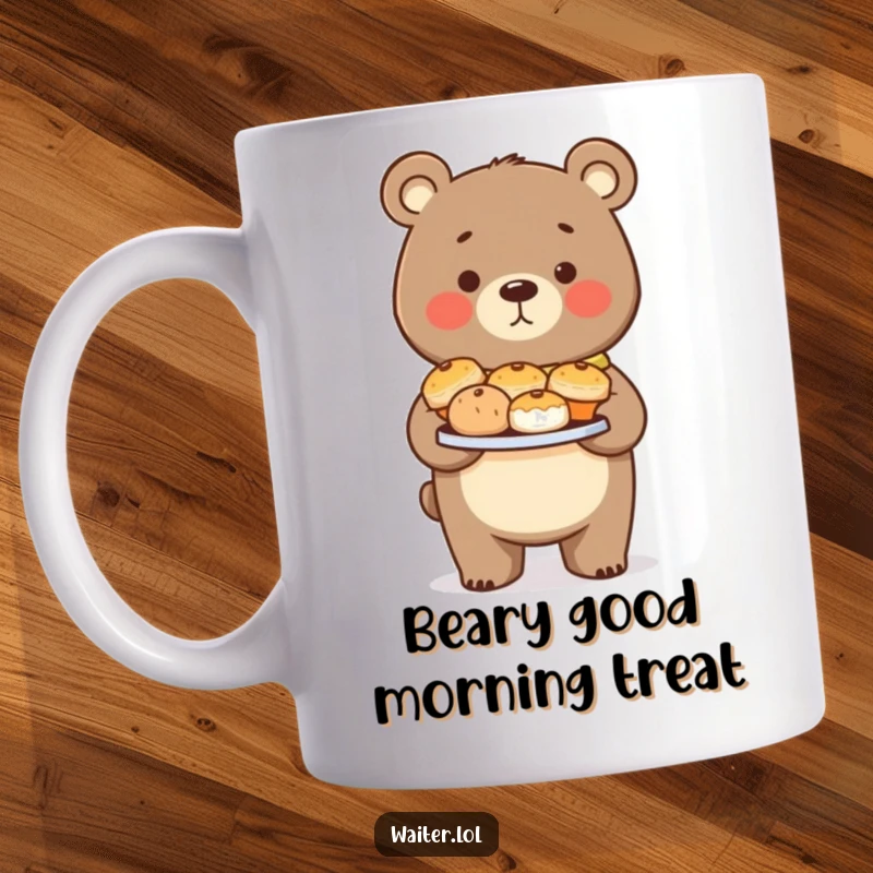 Funny Bear Pastry Chef Mug: A diligent bear proudly carries a plate of freshly baked pastries with great care.