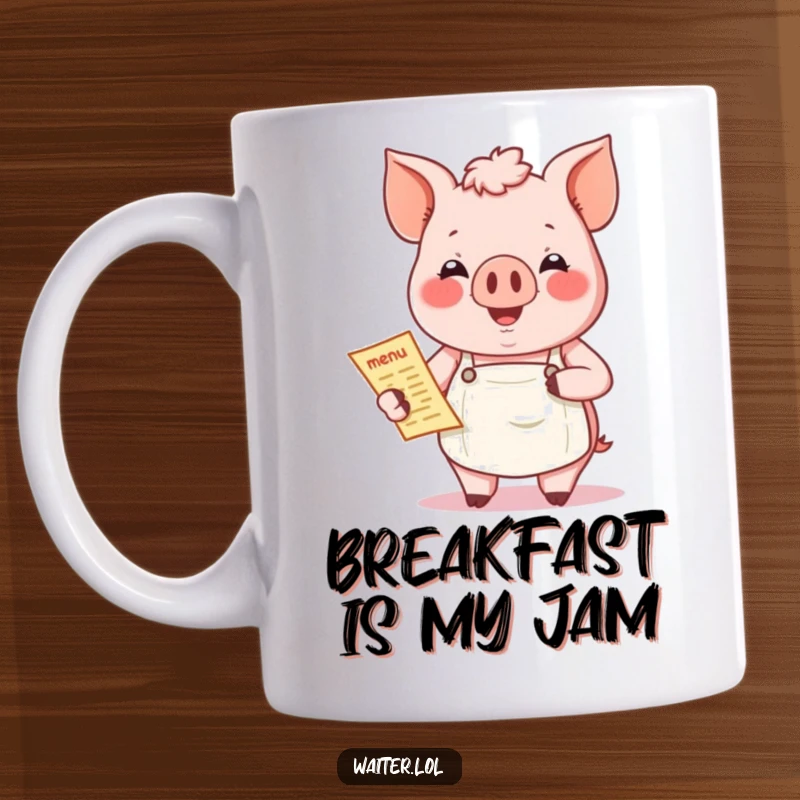 Funny Jovial Pig Chef Mug: A smiling pig in an apron holds a menu, inviting diners with warmth.