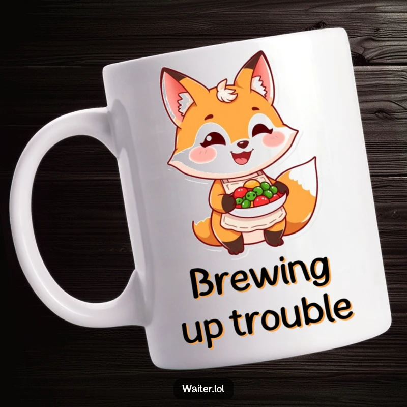 Funny grinning fox wearing an apron proudly presenting a colorful dish on a mug, showing culinary pride and humor.