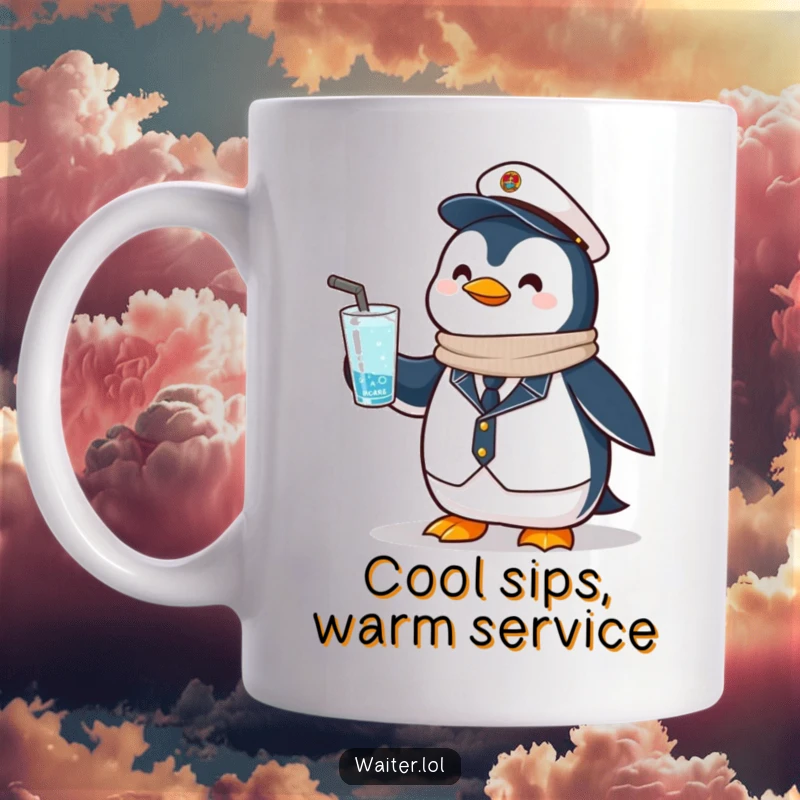 Funny Penguin Bartender Mug: A proud penguin in uniform offers a frosty drink with a polite nod.