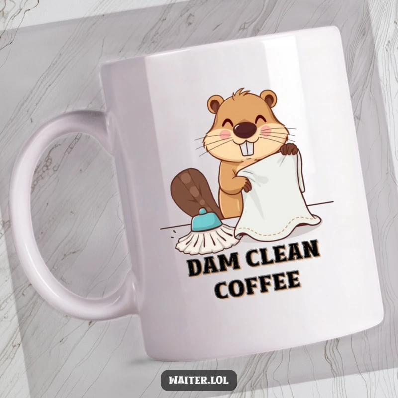 Funny determined beaver vigorously wiping a table with a large cloth on a mug, showing industriousness and humor.