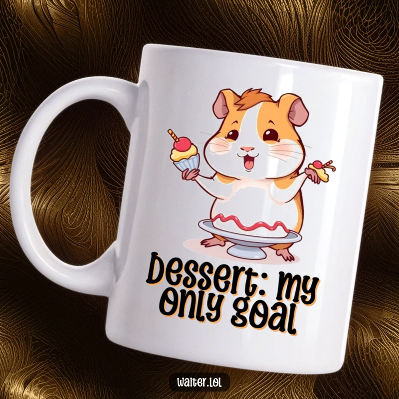 Funny mug featuring a wobbly guinea pig attempting to balance a dessert with flair, showcasing bravery and a love for sweets.