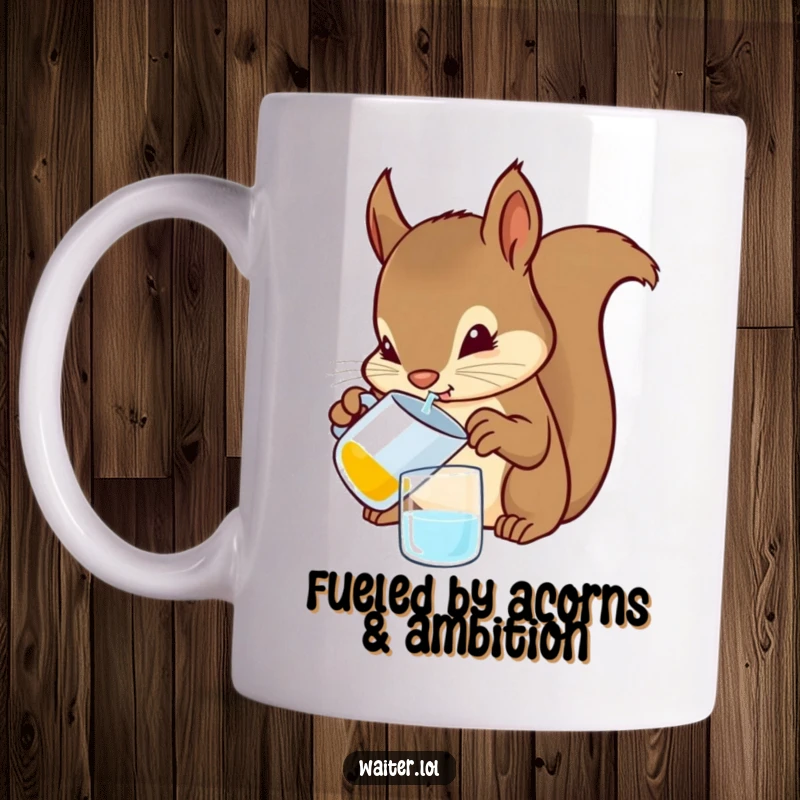 Funny Squirrel Bartender Mug: A determined squirrel carefully pouring a drink from a tiny pitcher with focused paws, a humorous design for coffee lovers.