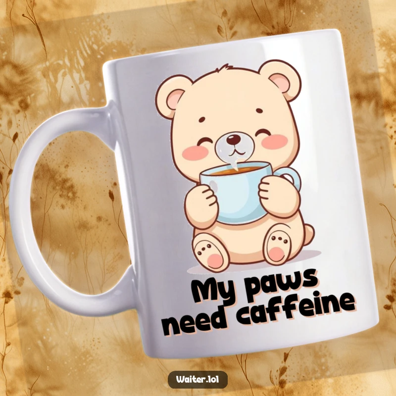 Funny bear cub mug with delicate paws holding a steaming coffee cup, conveying warmth and morning happiness.