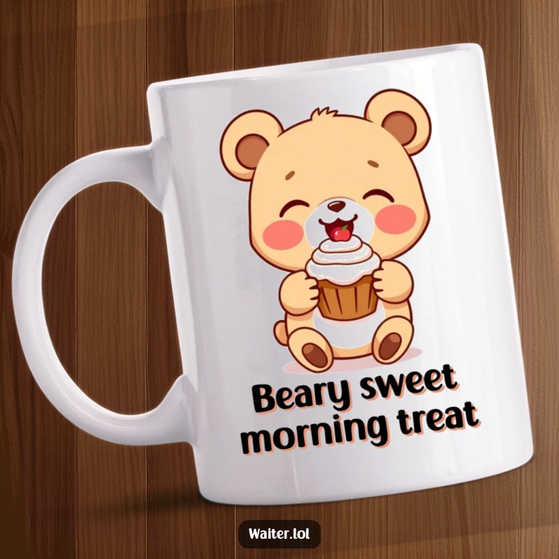 Funny bear cub mug with a delighted cartoon bear presenting a perfect cupcake with a beaming smile, sweet and joyful beverage holder.