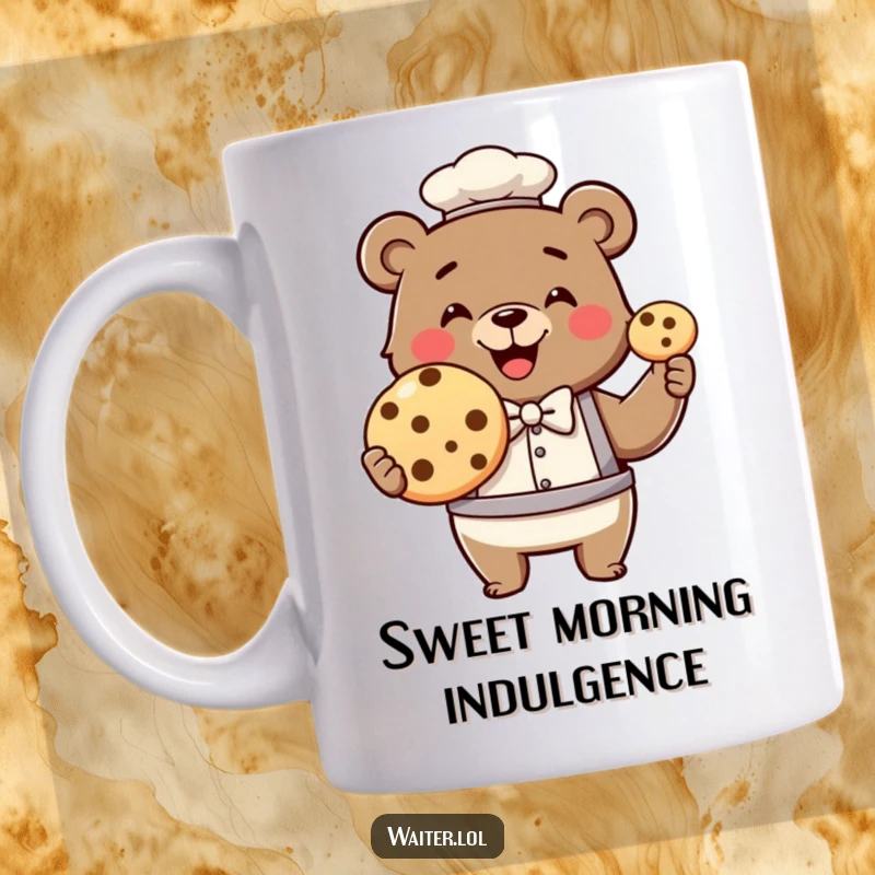 Funny bear waiter mug, a smiling bear wearing a bowtie proudly presents a single, enormous cookie to the viewer.